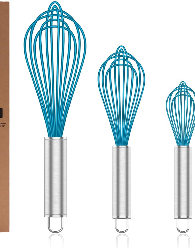 OYV Silicone Whisk,Heat Resistant 480°F Whisks For Cooking Non Scratch,Stainless Steel wired wisk,Plastic Rubber Whisk Tool For Nonstick Cookware Pans,Silicon Wisks Set of 4,Blue
