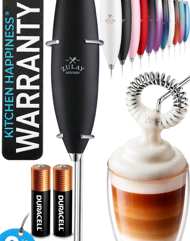 Zulay Kitchen Powerful Milk Frother Wand With Duracell Batteries - Ultra Fast Handheld Drink Mixer - Electric Whisk Foam Maker for Coffee, Lattes, Cappuccino & Matcha - Z1 Motor - Black