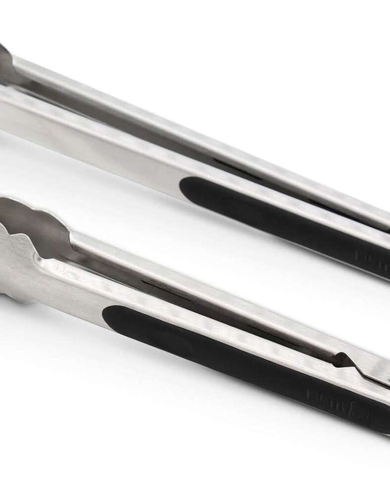 304 Stainless Steel Kitchen Cooking Tongs, 9" and 12" Set of 2 Sturdy Grilling Barbeque Brushed Locking Food Tongs with Ergonomic Grip, Black