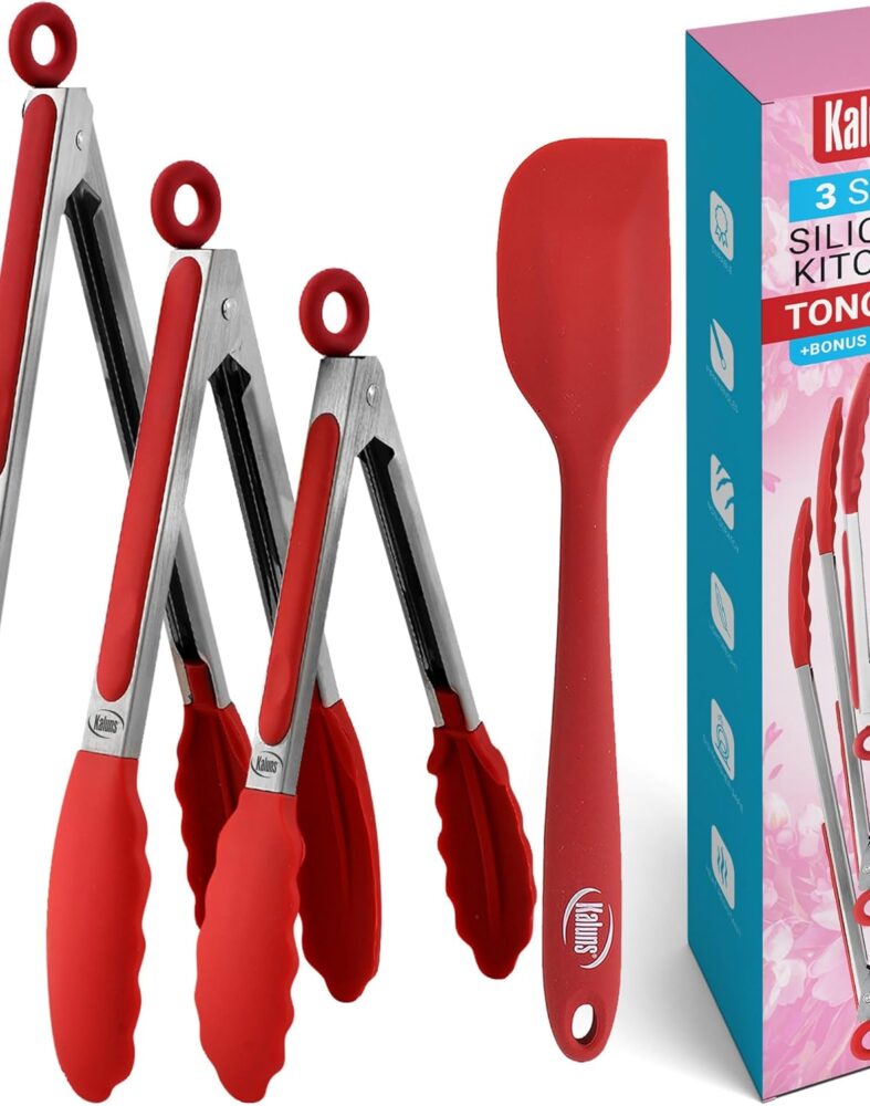 Kaluns Kitchen Tongs for Cooking Grilling Set of 4, BBQ Grill Tongs With Silicone Tip Stainless Steel Heat Resistant, Non-stick Pull Lock, Incl 7, 9, 12 Inch Tong Plus a Silicone Spatula
