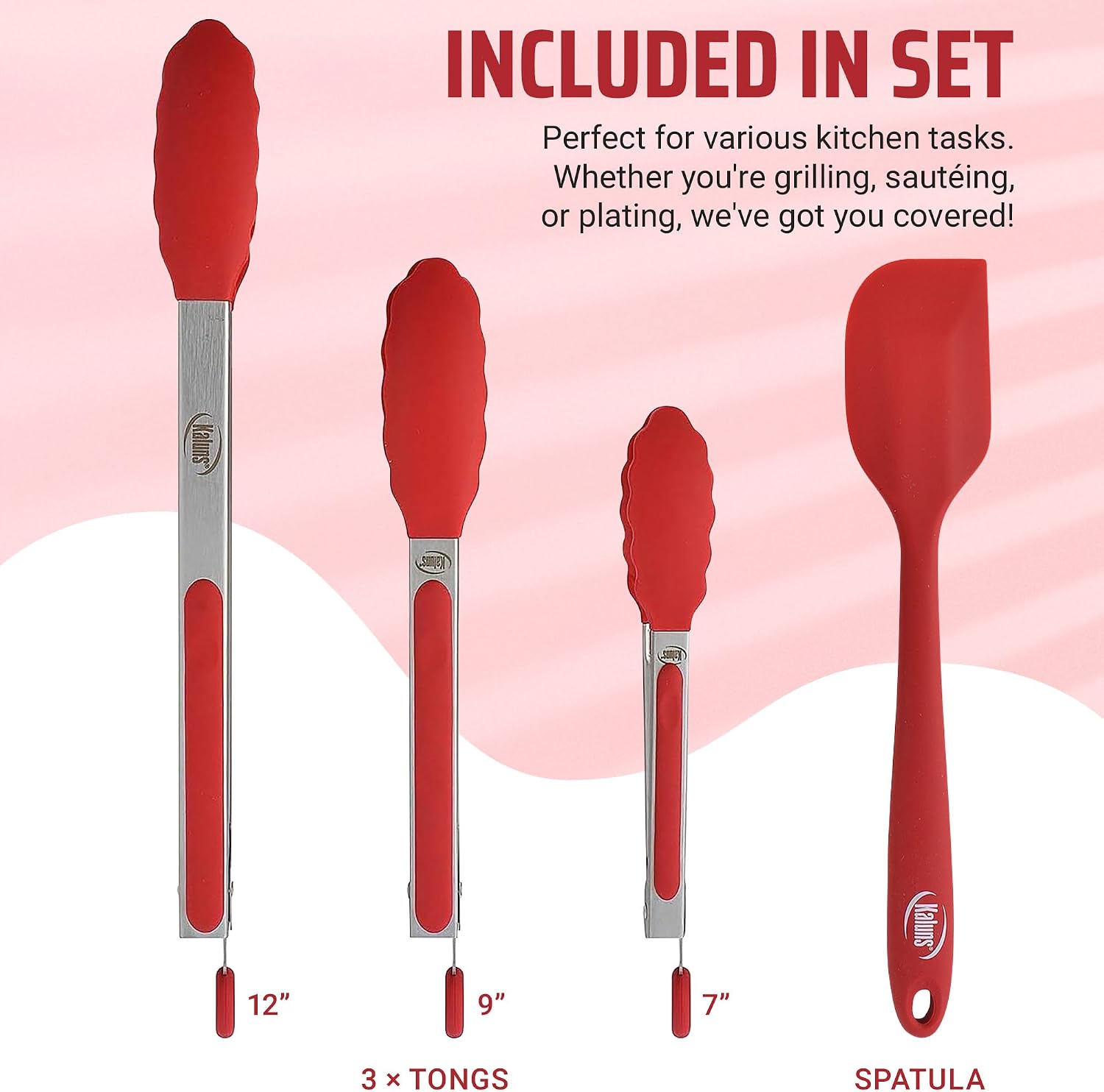 Kaluns Kitchen Tongs for Cooking Grilling Set of 4, BBQ Grill Tongs With Silicone Tip Stainless Steel Heat Resistant, Non-stick Pull Lock, Incl 7, 9, 12 Inch Tong Plus a Silicone Spatula - Image 2