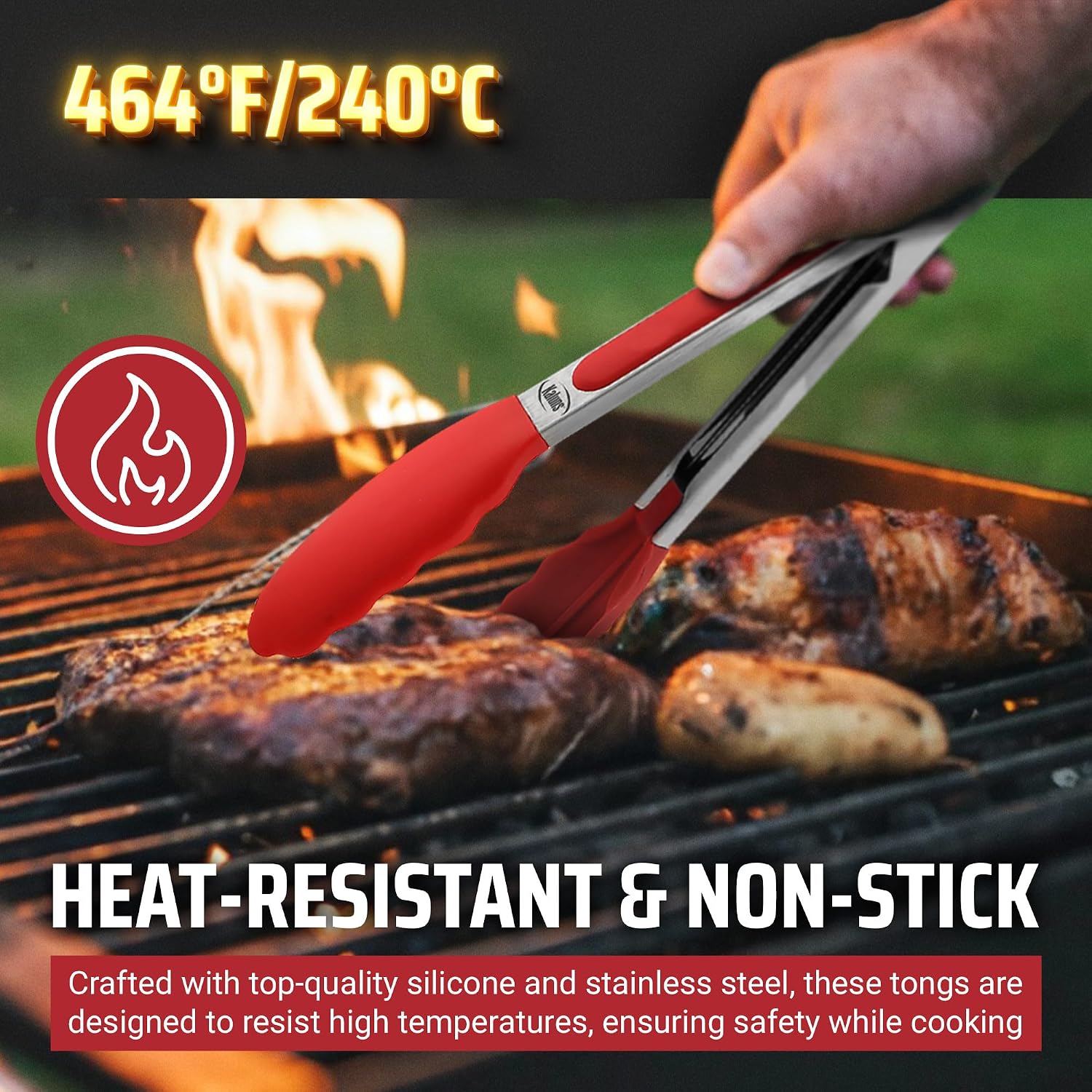 Kaluns Kitchen Tongs for Cooking Grilling Set of 4, BBQ Grill Tongs With Silicone Tip Stainless Steel Heat Resistant, Non-stick Pull Lock, Incl 7, 9, 12 Inch Tong Plus a Silicone Spatula - Image 4