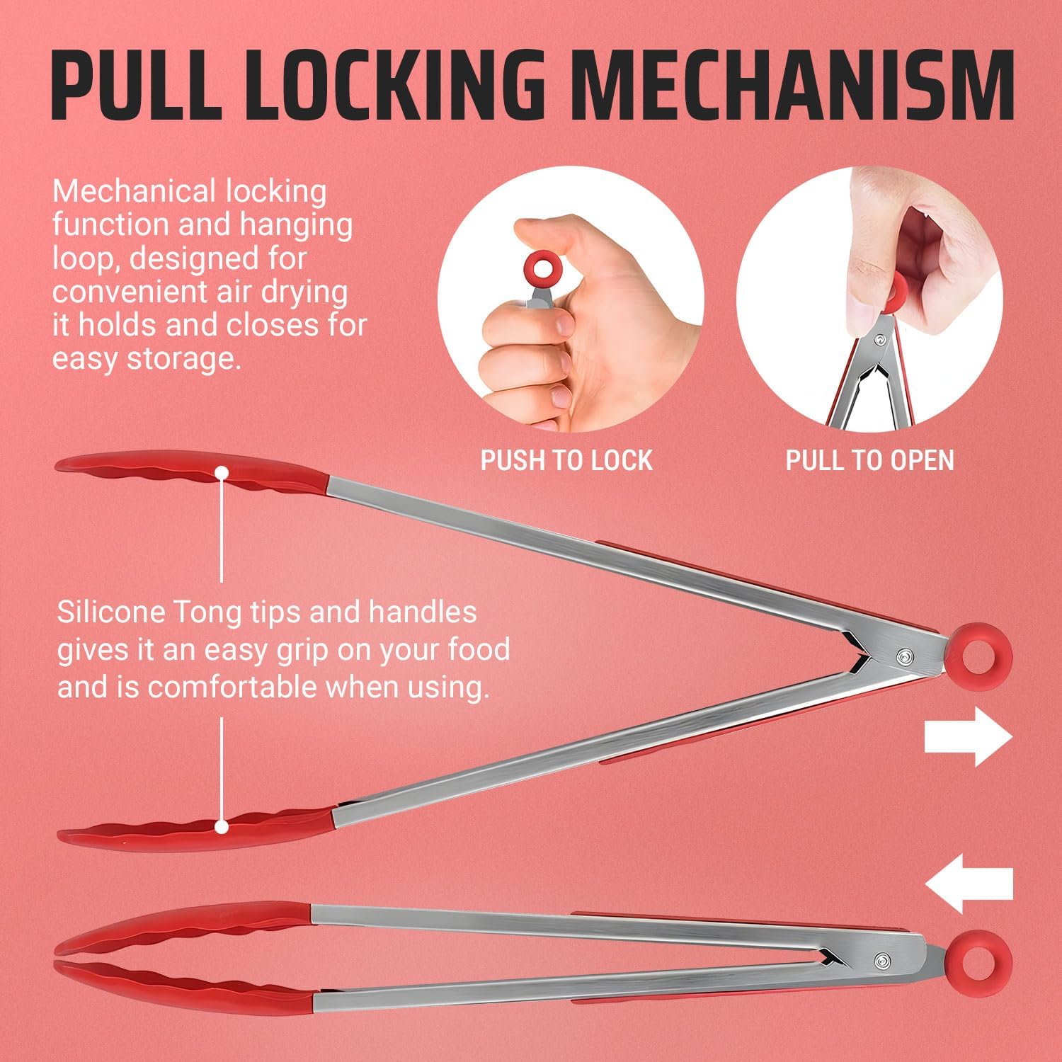 Kaluns Kitchen Tongs for Cooking Grilling Set of 4, BBQ Grill Tongs With Silicone Tip Stainless Steel Heat Resistant, Non-stick Pull Lock, Incl 7, 9, 12 Inch Tong Plus a Silicone Spatula - Image 6