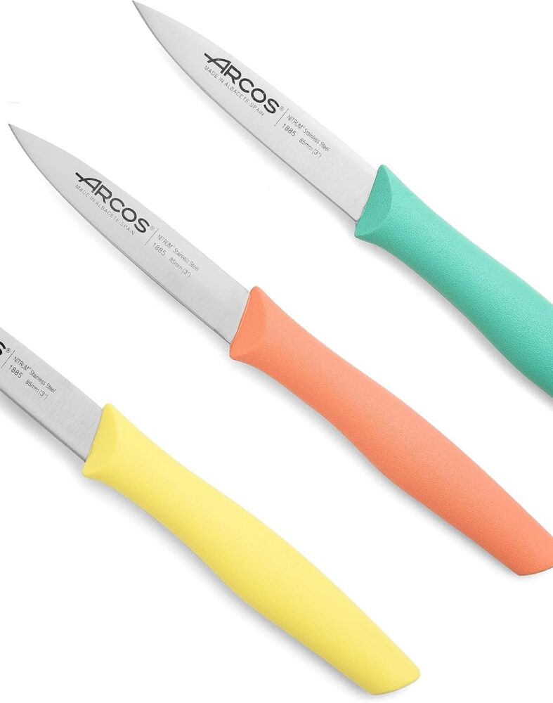 Arcos Paring Knife Set of 3 Pieces 4 Inch Stainless Steel. Colorful Kitchen Knives for Peeling Fruits and Vegetables. Ergonomic Polypropylene Handle. Series Nova. Color Orange, Yellow and Blue.