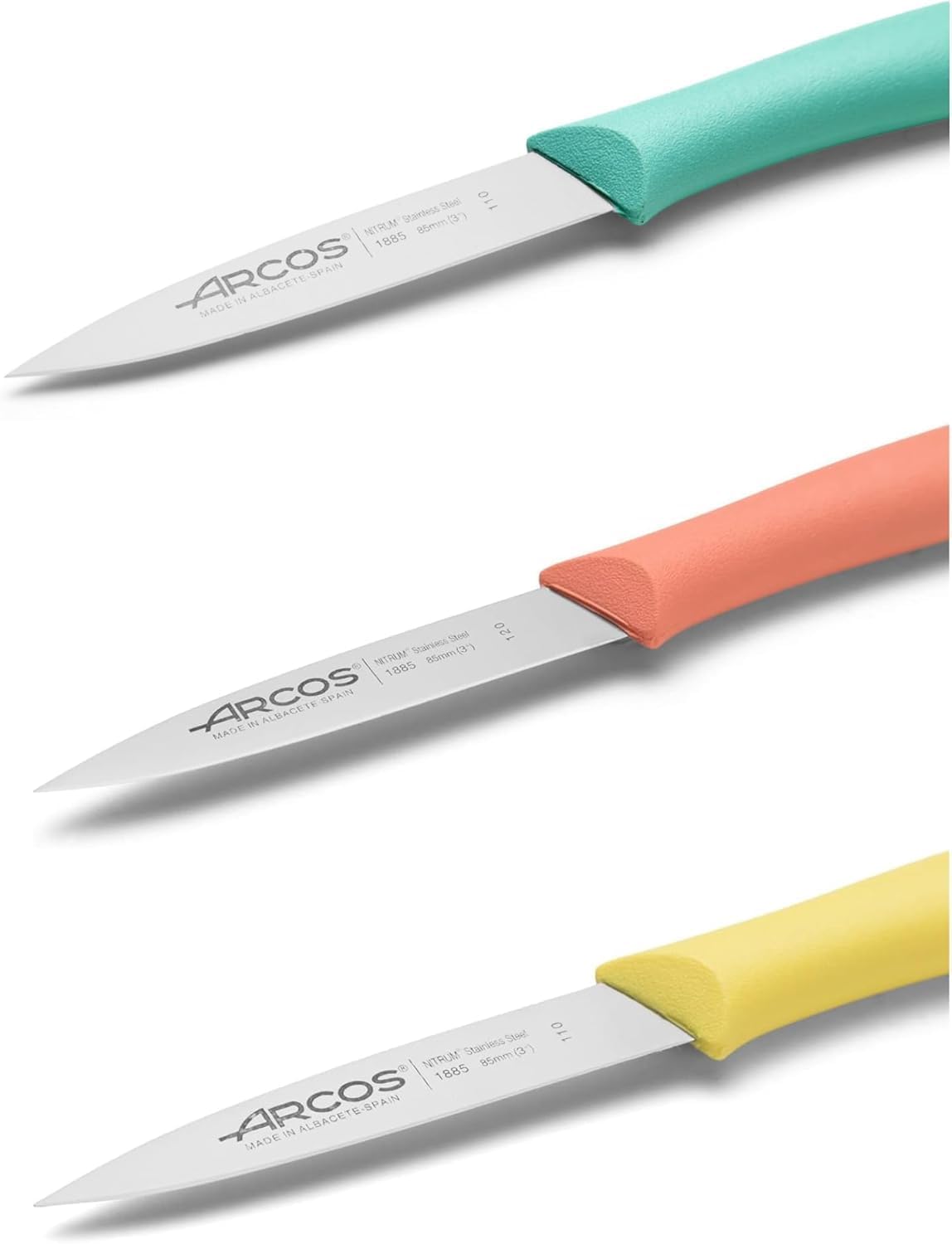 Arcos Paring Knife Set of 3 Pieces 4 Inch Stainless Steel. Colorful Kitchen Knives for Peeling Fruits and Vegetables. Ergonomic Polypropylene Handle. Series Nova. Color Orange, Yellow and Blue. - Image 3